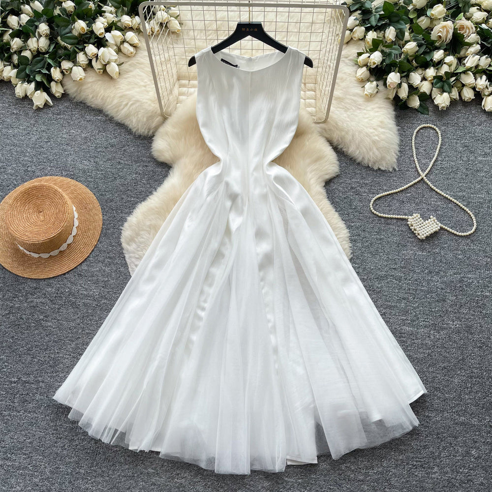 French sleeveless a-line round neck dress women's summer french pink high waist slimming look large swing skirtelegant