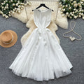 French sleeveless a-line round neck dress women's summer french pink high waist slimming look large swing skirtelegant