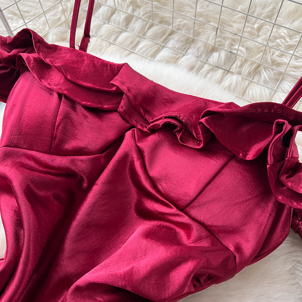 French red camisole dress with padded bust, satin, cinched waist, ruffle trim, sleeveless a-line, elegant party dress