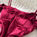 French red camisole dress with padded bust, satin, cinched waist, ruffle trim, sleeveless a-line, elegant party dress