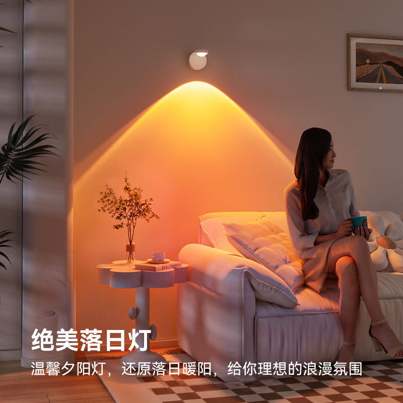 Rechargeable sunset wall lamp - no wiring, wireless remote control, ambient spotlight for bedroom, living room, background wall decoration