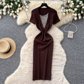K-style square collar knitting casualcasualdress women's short-sleeved a-line skirt work clothingslimming lookelegantsexy skirt