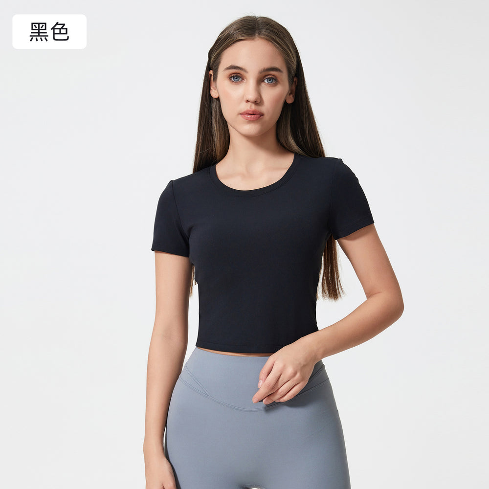 Women's yoga top - short sleeve, cutout back, drawstring, ruched, breathable, outdoor sports, fixed cup, fitness top d25061