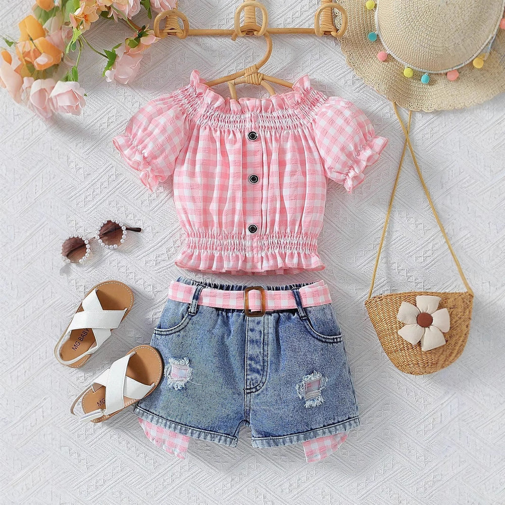 hot selling girl's one-piece collar plaid high elastic cuff washed hole denim shortgirlsuit