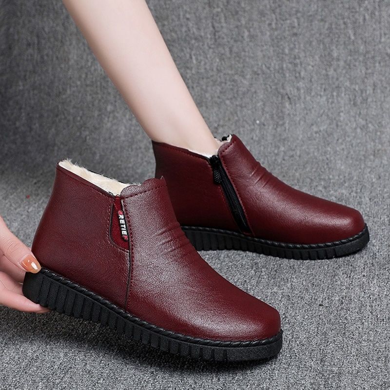 Thickenedheattech middle-aged and elderly cotton shoes women's winterladieswear shoes fleece-linednon-slipflats soft bottom plaid grandma leather shoes
