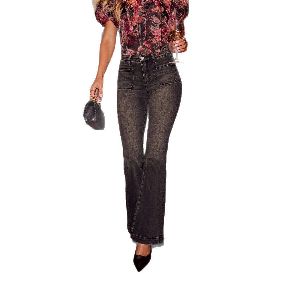 European and american stretch jeans women's new cross-border elegant commute micro flare washed fashion black and grey denim pants