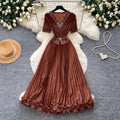 High-end heavy industry beading v neck short-sleeved dress women's summer waist-cinching pleated long skirt elegantaccessible luxury dress skirt