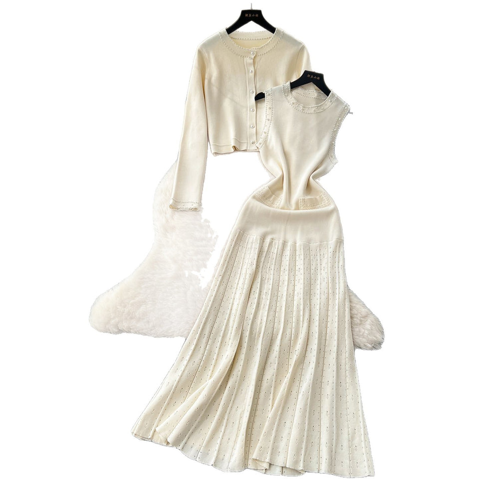 Classy tweed style outfit women's autumn fashion beading round neck sleeveless knittingdresslong sleevecardiganoutwear