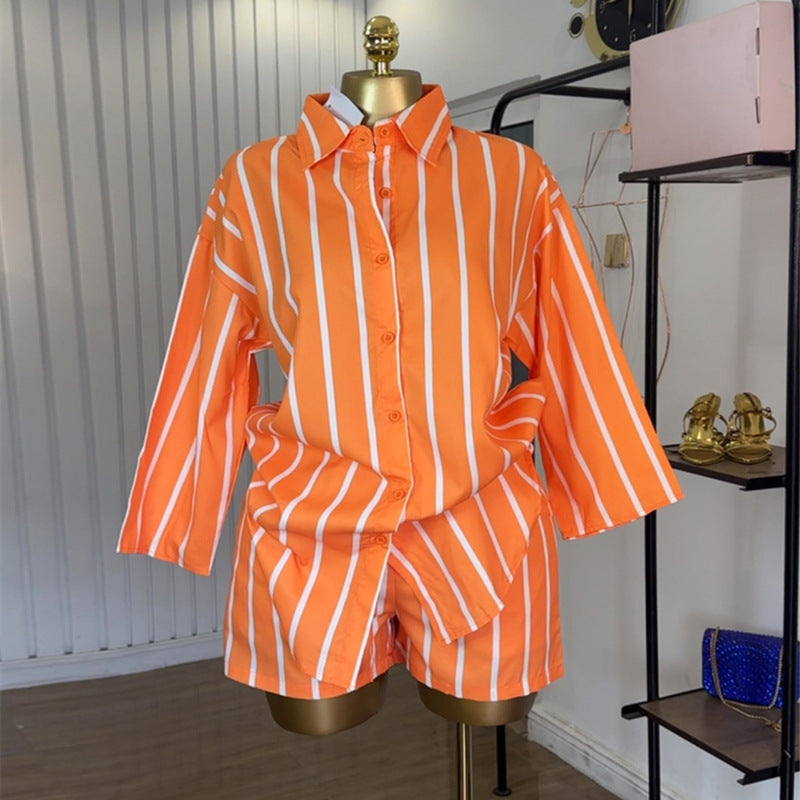 European and american cross-border women's fashion:  autumn new collection - trendy orange loose striped shirt & high-waisted shorts casual set