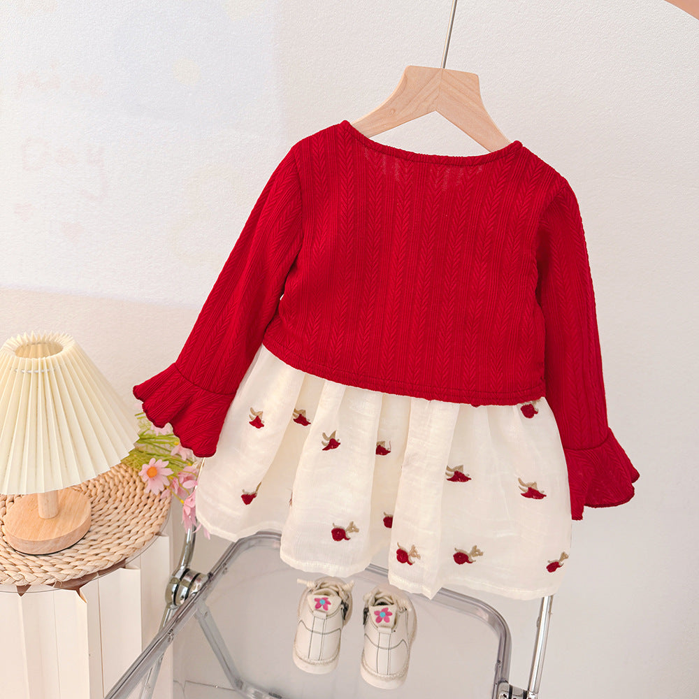 Girls' red floral sundress two-piece princess outfit - new autumn  korean style