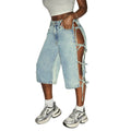 Fashionjeans women's side multi-straps cut out washed light blue loosestraight-leg denim cropped pants hot girl
