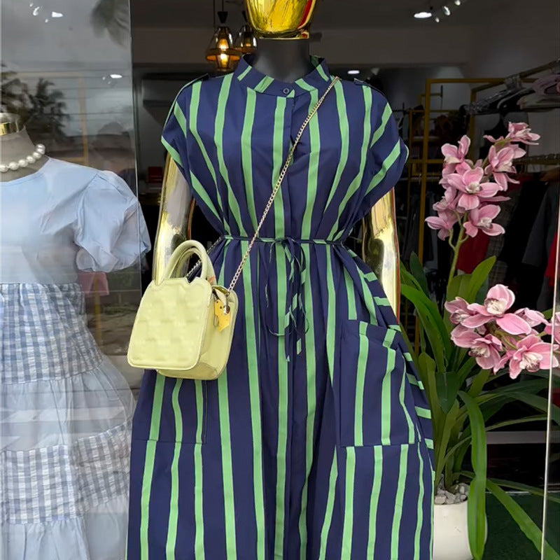 European and american cross-border women's fashion:  spring new arrival - stylish and elegant striped tie-waist pocket short-sleeve midi dress