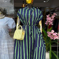 European and american cross-border women's fashion:  spring new arrival - stylish and elegant striped tie-waist pocket short-sleeve midi dress