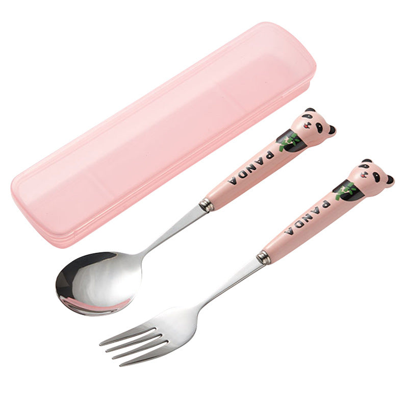 304 stainless steel portable cutlery set - creative panda design with ceramic handle fork, spoon, and chopsticks (3-piece set)