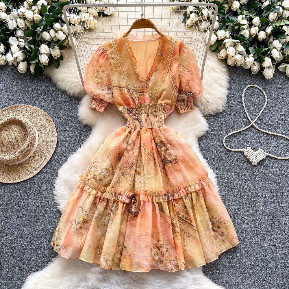 French romantic v-neck lantern sleeve ruffle print dress - women's summer slimming a-line fairy dress