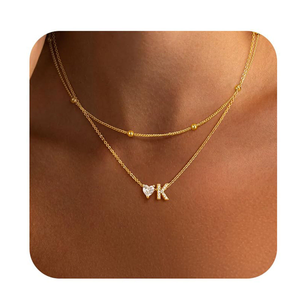European and american amazon stylish initial heart letter necklace pendant double layer clavicle girls holiday jewelry gift
