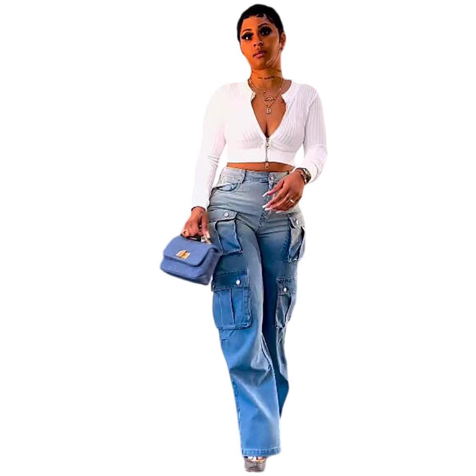 European and american style tie-dye jeans -  cross-border women's fashion high-waisted multi-pocket gradient wide-leg pants