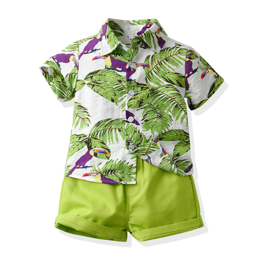 European and american style boys' summer outfit: short-sleeve floral shirt set - new, trendy, and stylish beachwear for kids