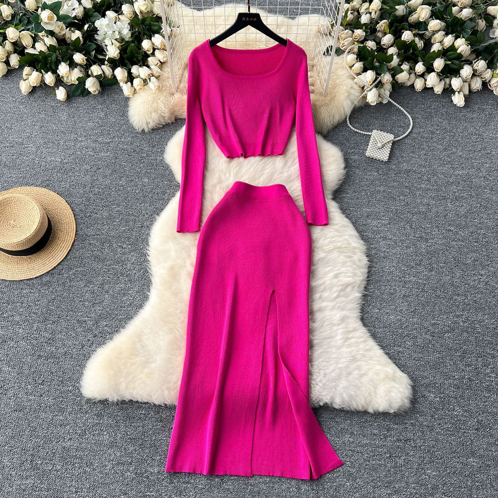 Autumn outfit set: women's chic & sexy short square neck long sleeve knit top with slit slim-fit bodycon midi skirt
