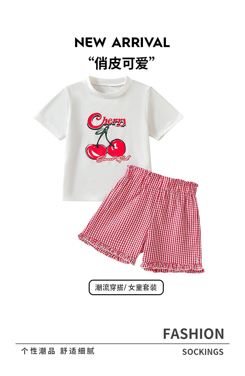 Girls' summer outfit: cherry print round neck lace-trimmed shorts set - sweet & cute casual two-piece for export