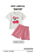 Girls' summer outfit: cherry print round neck lace-trimmed shorts set - sweet & cute casual two-piece for export