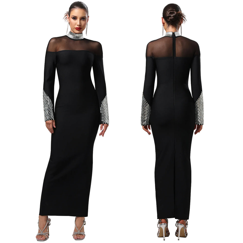 C7592 cross-border   fashion women's elegant high neck rhinestone exquisite high-end dress