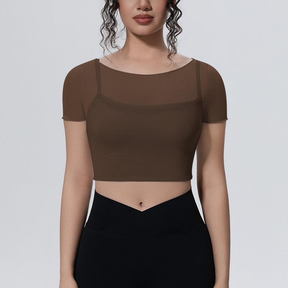 Fake two-piece mesh sports short-sleeved t-shirt for women with chest pad and navel-baring topsoutwear yoga quick-drying slimming look fitness clothes