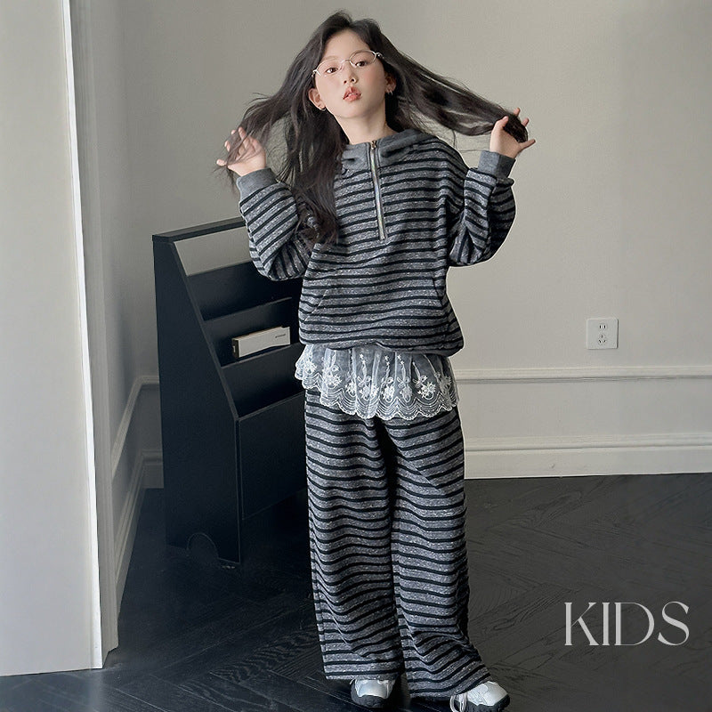 Girls'  autumn striped hoodie set: stylish hooded sweatshirt and wide-leg pants two-piece outfit for big girls
