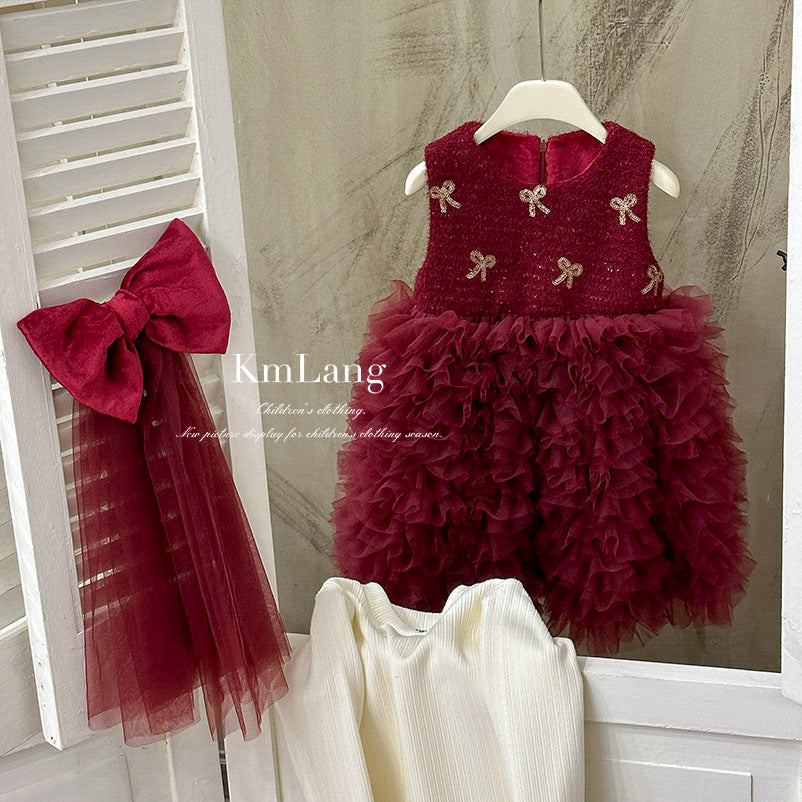 Girls' dress  winter red fleece-lined mesh skirt children's princess dress toddler & little girl bowknot formal gown