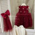 Girls' dress  winter red fleece-lined mesh skirt children's princess dress toddler & little girl bowknot formal gown