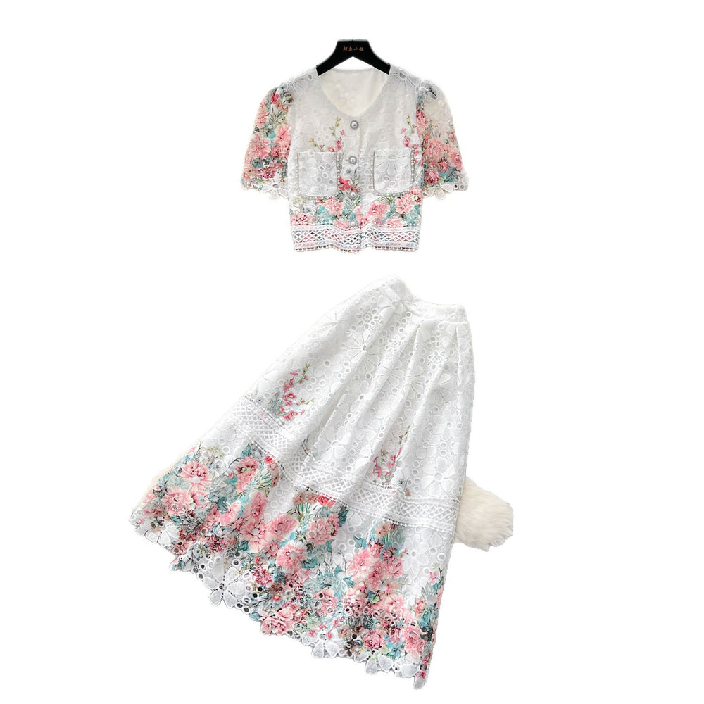 High-end, chic, and luxurious two-piece set:  summer new arrival - embroidered water-soluble lace top and high-waisted midi skirt for women