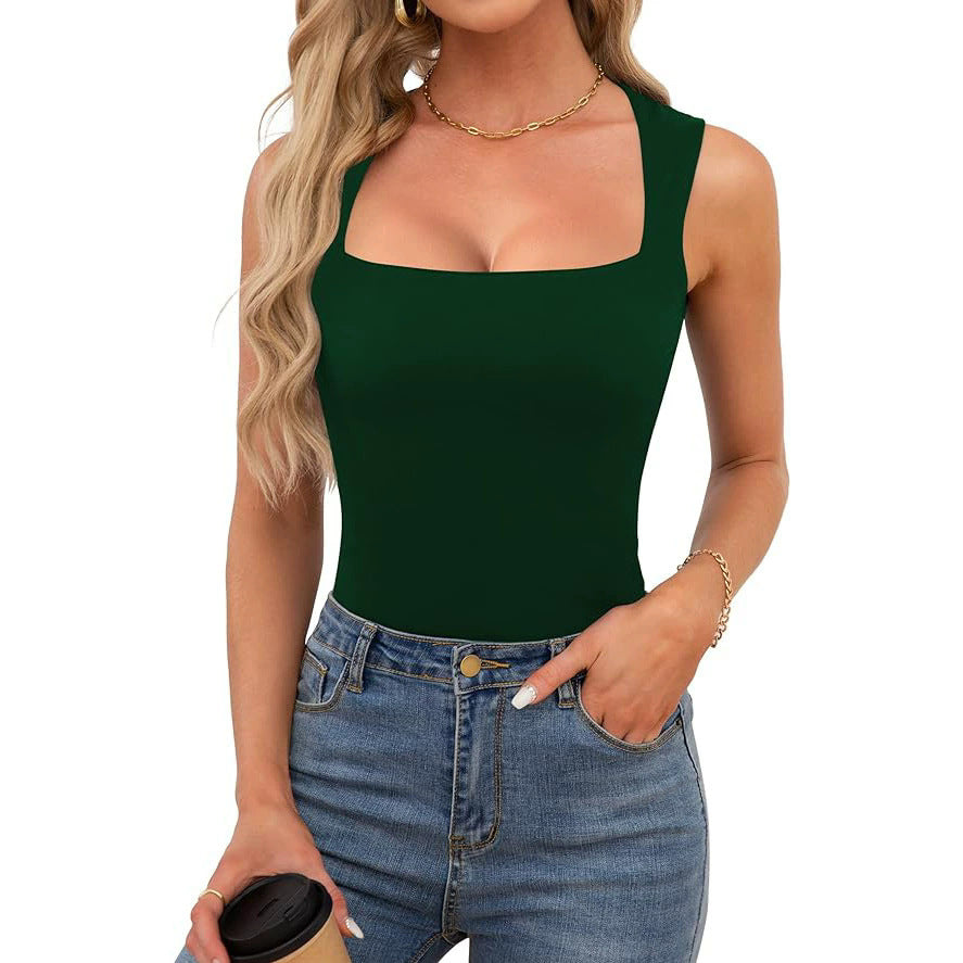 2025 Cross-border European and American Spice Girls Wear Sling Vest Women's Summer Sleeveless Off-Shoulder Square Neck Threaded Shoulder Strap Top Women