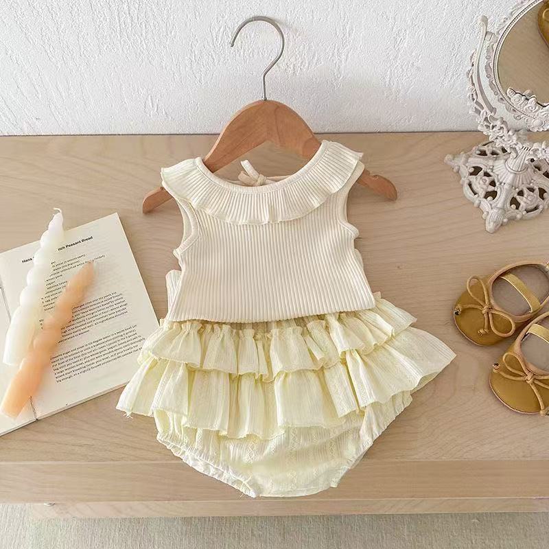 K-style vest sleeveless baby lotus leaf style tops baby princess two-piece set thin summer bag butt suit trendy