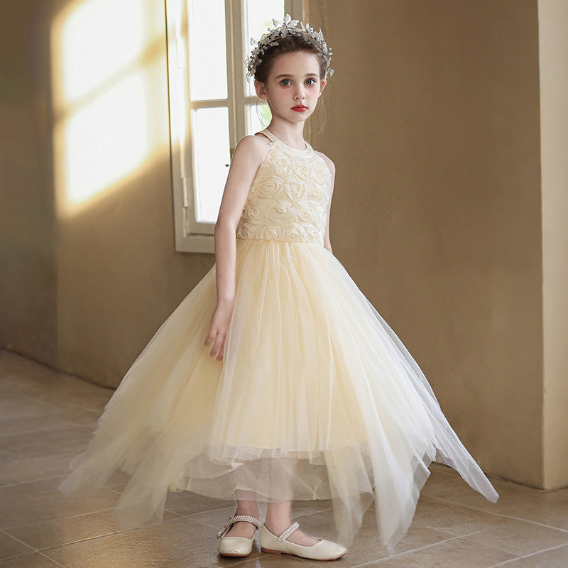 Children's dress with asymmetrical mesh skirt, elegant and high-end girls' princess dress, halter neck, sleeveless, european and american style, custom-made