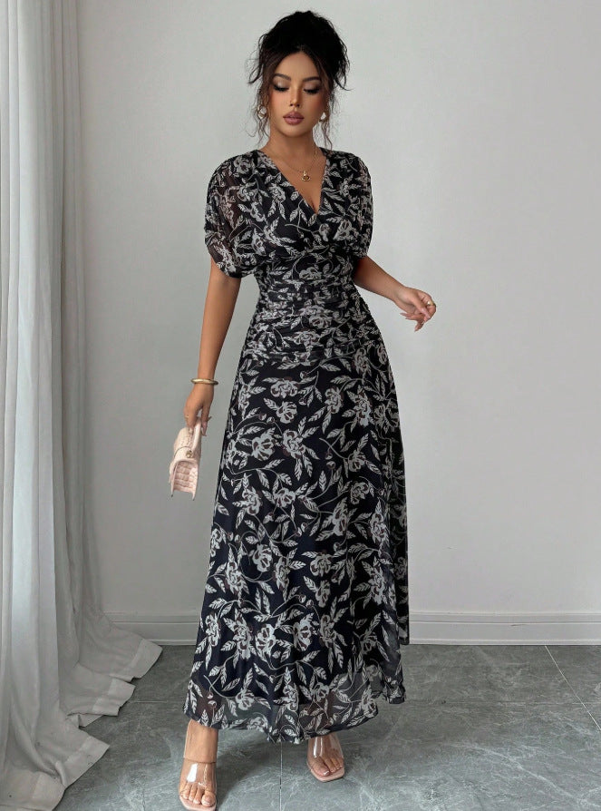 printed midi a-line dress - new french style, v-neck, slimming black dress