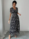 printed midi a-line dress - new french style, v-neck, slimming black dress