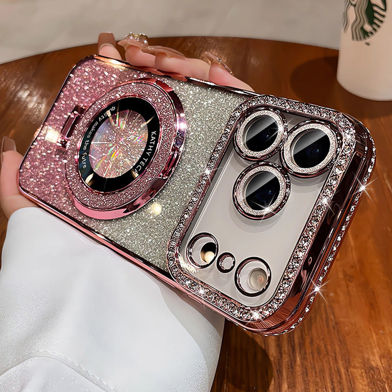 Magnetic stand suitable for iphone17 gradient glitter mobile phone case 16pro electroplated rhinestone 13 protective cover with diamonds