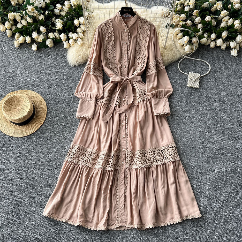Frenchclassyretrolacepatchwork pearl single breasted slimmingelegant stand collar lantern sleeve large swing dress