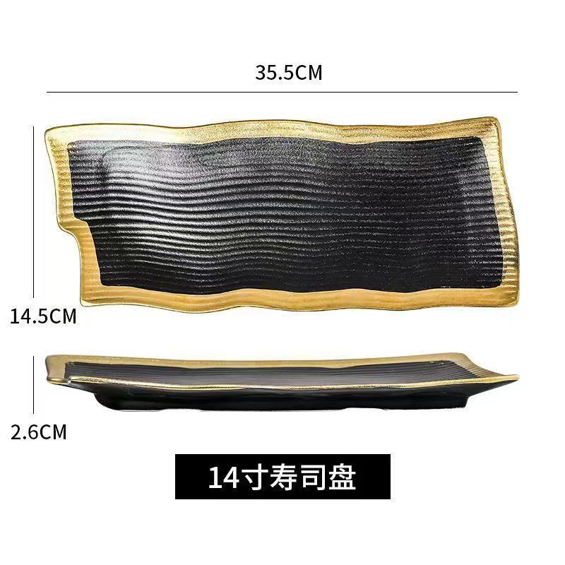 Gold-trimmed ceramic dinnerware: western steak plates, sushi rectangular dishes, hotel gold-edged buffet plates - wholesale