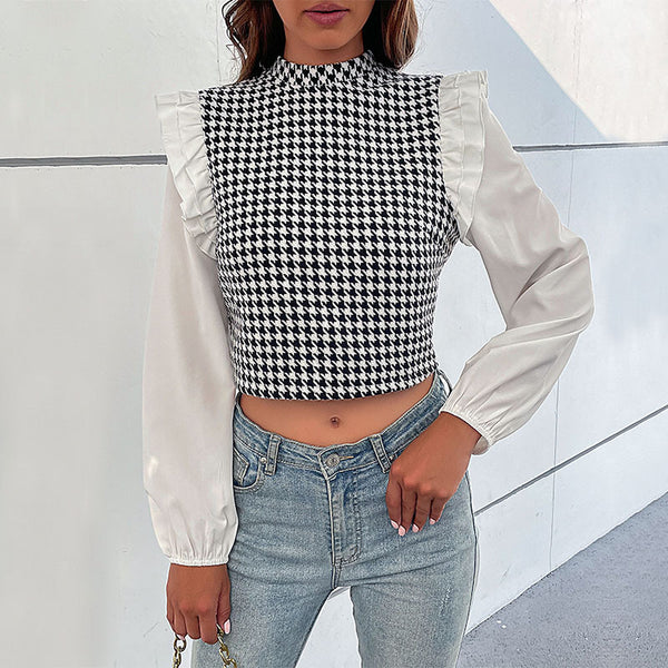 2025 new spring and autumn European and American  personality trend ruffle leaf edge middle collar thousand bird grid short shirt women