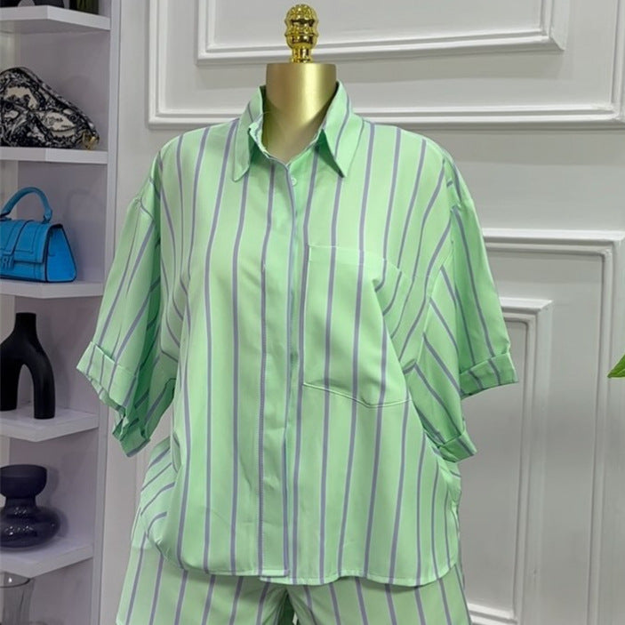 European and american cross-border women's fashion:  summer new collection - trendy, fresh, loose-fit striped short-sleeve shirt and shorts set
