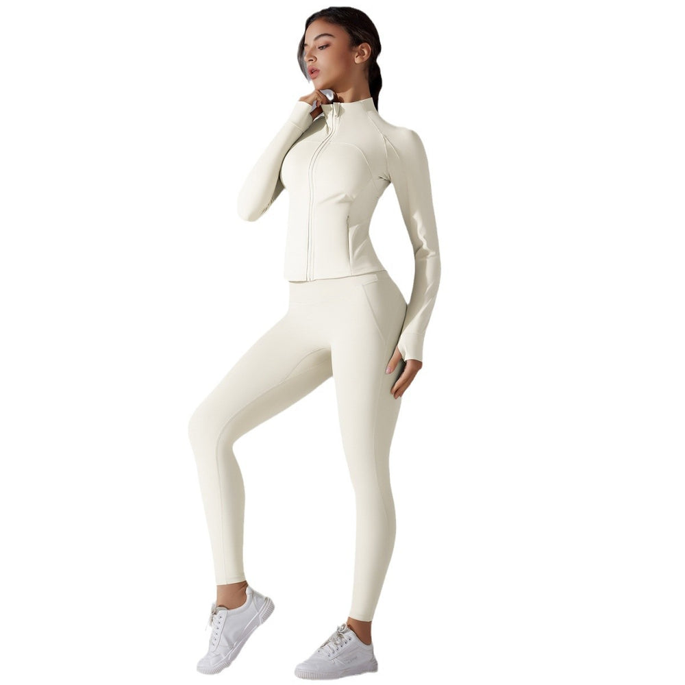 Amazon's new stand-up collar zipper long sleeves yoga clothes high waist hip lifting tight pants naked running fitness suit
