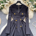 French retro chic high-end v-neck metallic buckle long sleeve cinched waist flared dress - women's autumn formal dress
