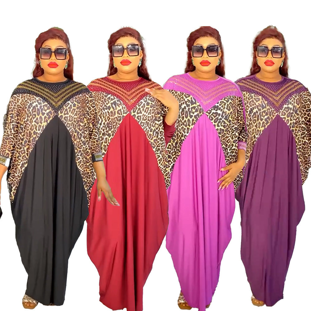Hot diamond urban casual round neck dress african  women's clothing fat plus size leopard print long robe