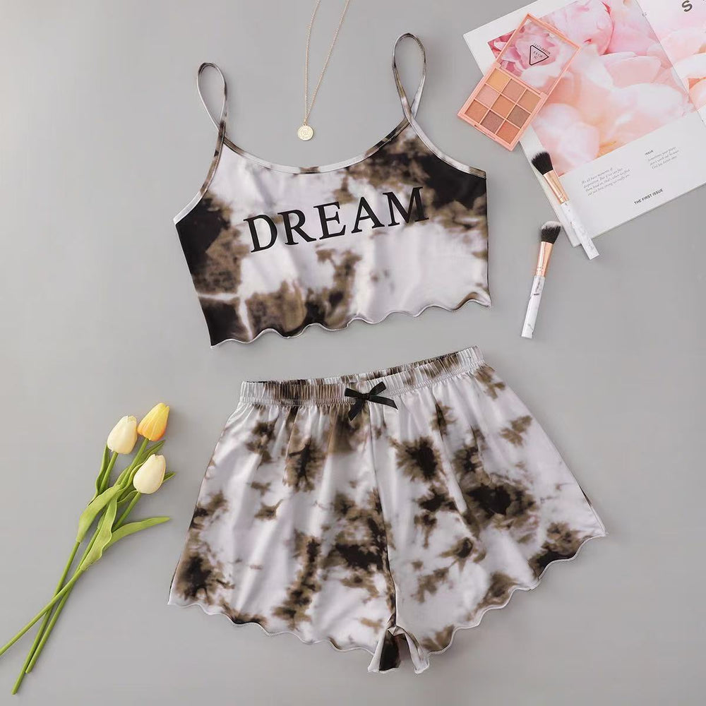 new arrivalprinting english dream suspender tops and tie-dyed shorts home wear suit pajamas wholesale