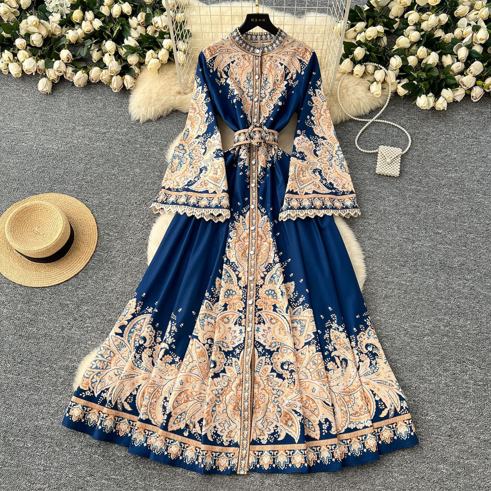 French retro floral print flared sleeve dress - women's spring belted single-breasted design, luxe & elegant maxi dress