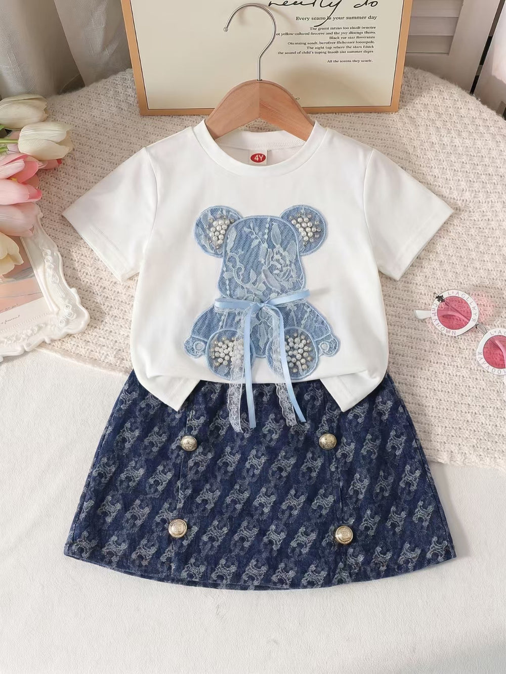spring/summer new arrival: cross-border girls' knitted top with bear appliqué + denim skort two-piece set