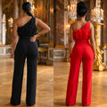 C7765 cross-border  new style accessible luxury mesh oblique shoulder high waist wide leg pants crescent buckle banquet temperament jumpsuit