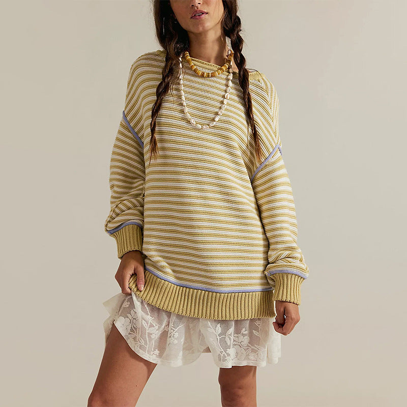 Cross-border new hot-selling autumn and winter sweaters, European and American women's clothing 2025 popular striped tops, round neck pullover, loose long sleeves