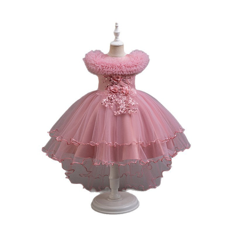 Kids dress trailing princess dress sequin puff sleeves satin flower girl little girl party dress first birthday baptism dress